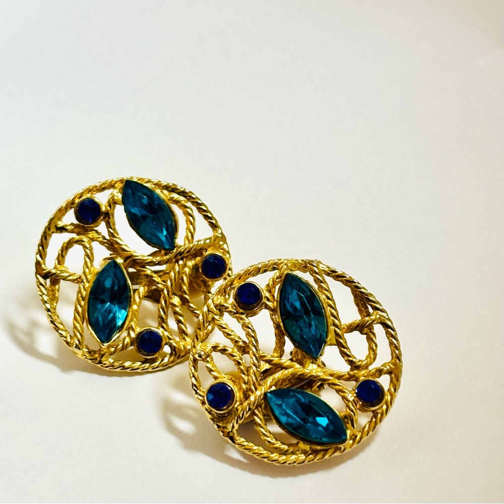 Vintage Runway Earrings Rhinestone Statement Gold Tone Blue Jeweled Clip On